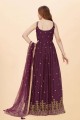 Embroidered Georgette Gown Dress in Wine