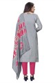 Printed Silk Salwar Kameez in Grey with Dupatta
