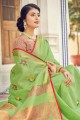Linen Saree in Green Embroidered
