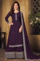Embroidered Faux georgette Palazzo Suit in Wine