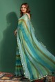 Blue Saree with Mirror,embroidered,printed Chiffon