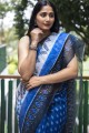 Digital print Saree in Blue Cotton
