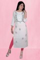White Straight Kurti in Cotton with Embroidered
