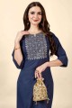 Cotton Embroidered Blue Straight Kurti with Dupatta