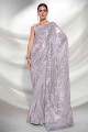 Embroidered Georgette Party Wear Saree in Grey with Blouse