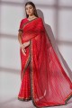 Embroidered,printed,lace border Georgette Red Saree with Blouse