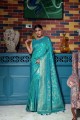 Zari,weaving Raw silk Turquoise  Saree with Blouse