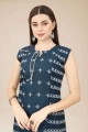Cotton Blue Straight Kurti in Embroidered