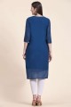 Embroidered Georgette Straight Kurti in Teal blue
