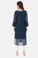 Georgette Straight Kurti with Embroidered in Teal blue,white