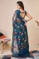Teal blue Chikankari,thread,embroidered Soft net Saree