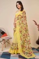 Chikankari,thread,embroidered Soft net Saree in Yellow