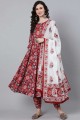 Printed Cotton Red Anarkali Suit with Dupatta