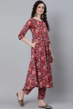 Printed Cotton Red Anarkali Suit with Dupatta