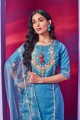Cotton Teal Blue Salwar Kameez with Embroidered