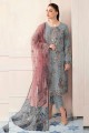 Embroidered Faux georgette Grey Straight Pant Suit with Dupatta