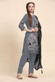 Embroidered Straight Pant Suit in Grey Georgette