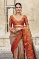 Silk Orange Saree in Zari,hand,weaving