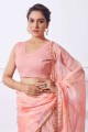 Printed,lace Organza Saree in Peach  with Blouse