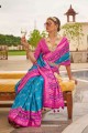 Saree in Blue Silk with Printed,weaving