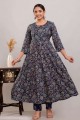 Printed Rayon Anarkali Suit in Blue with Dupatta