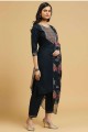 Cotton Straight Pant Suit with Printed in Blue
