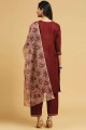 Straight Pant Suit in Maroon Cotton with Printed