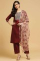 Straight Pant Suit in Maroon Cotton with Printed