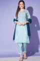 Aqua Silk Embroidered Straight Pant Suit with Dupatta