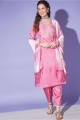 Pink Embroidered Straight Pant Suit in Silk