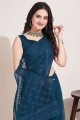 Embroidered Soft net Teal blue Saree