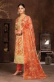 Organza Straight Pant Suit with Hand work in Orange