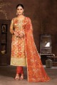 Organza Straight Pant Suit with Hand work in Orange