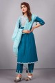 Muslin Salwar Kameez in Blue with Embroidered