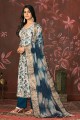 Hand work Straight Pant Suit in Blue Cotton