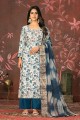 Hand work Straight Pant Suit in Blue Cotton