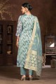 Cotton Hand work Blue Straight Pant Suit with Dupatta