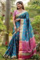 Printed Saree Blue in Silk
