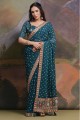 Sequins,printed,lace border Georgette Saree in Teal blue