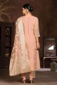 Straight Pant Suit in Peach Organza with Embroidered
