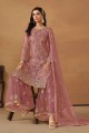 Net Straight Pant Suit with Embroidered in Pink