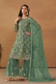 Embroidered Net Straight Pant Suit in Green