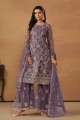 Embroidered Straight Pant Suit in Purple Net