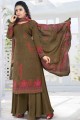 Palazzo suit in brown crepe with work print