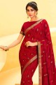 Beautiful Georgette lace Saree in Red with Blouse