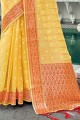 Yellow Saree with Weaving,digital print Organza