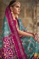 Mirror,printed,lace border Patola silk Saree in Teal  with Blouse