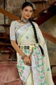 Linen Saree with Resham,embroidered,lace border in Off white