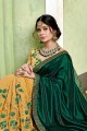 Dark Green & Beige Embroidered Saree in Georgette & Silk
