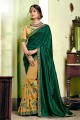 Dark Green & Beige Embroidered Saree in Georgette & Silk